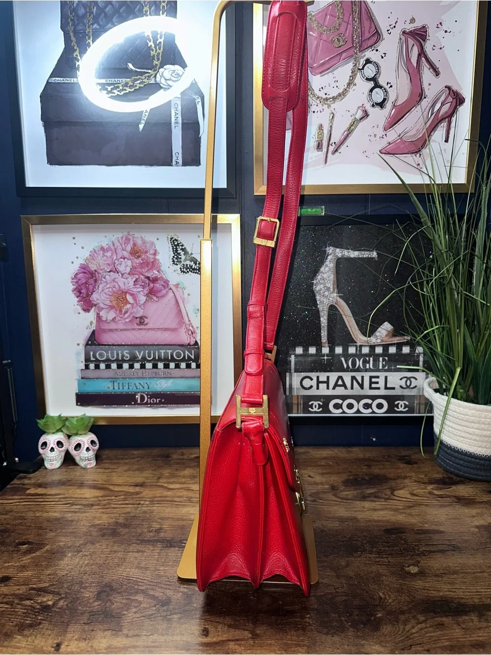 MCM Patricia Red Pebbled Leather Crossbody Bag Gold Studs  Vintage